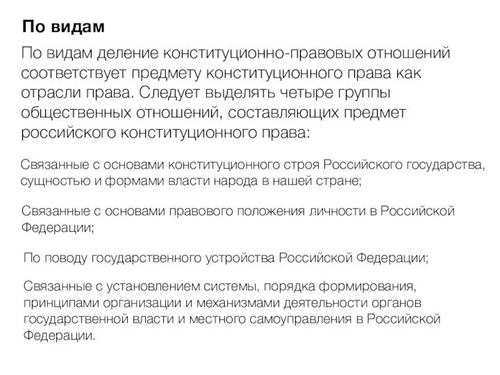 По видам По видам деление конституционно-правовых отношений соответствует предмету конституционного права