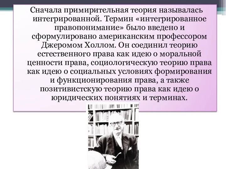 Сначала примирительная теория называлась интегрированной. Термин «интегрированное правопонимание» было введено и