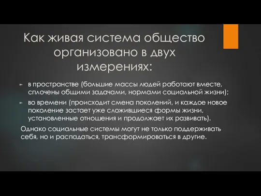 Как живая система общество организовано в двух измерениях: в пространстве (большие