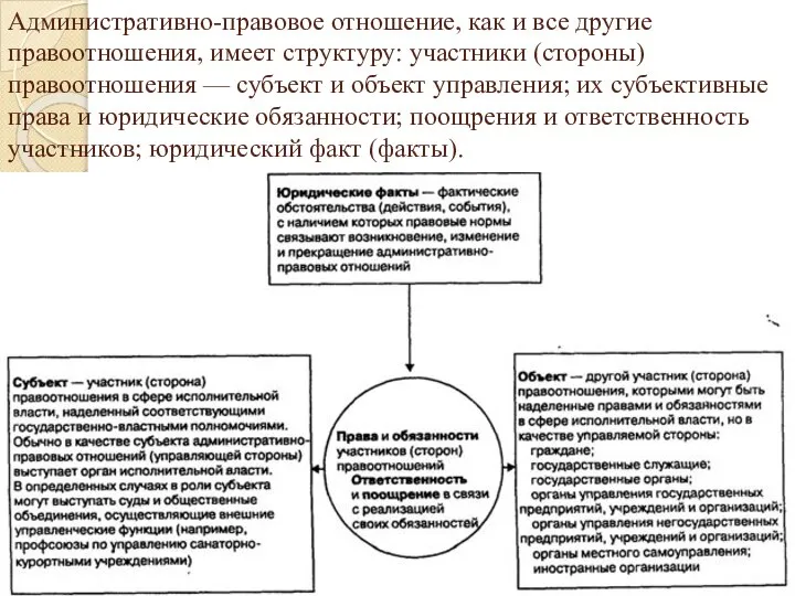 Административно-правовое отношение, как и все другие правоотношения, имеет структуру: участники (стороны)