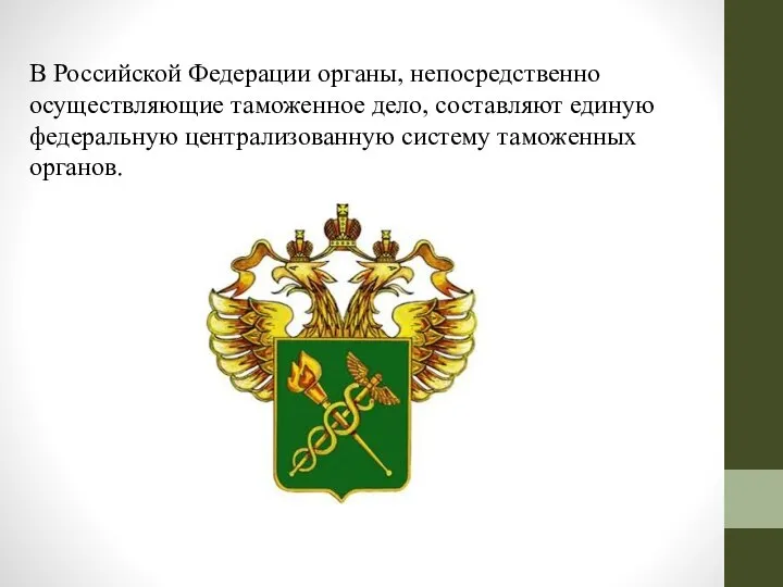 В Российской Федерации органы, непосредственно осуществляющие таможенное дело, составляют единую федеральную централизованную систему таможенных органов.