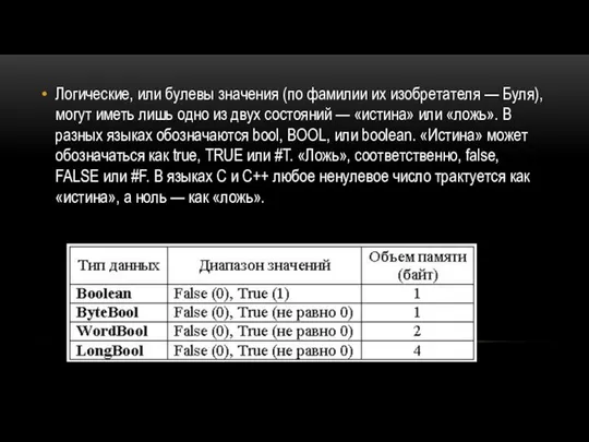 Логические, или булевы значения (по фамилии их изобретателя — Буля), могут