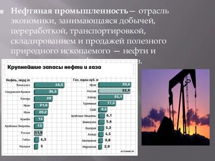 Нефтяная промышленность— отрасль экономики, занимающаяся добычей, переработкой, транспортировкой, складированием и продажей