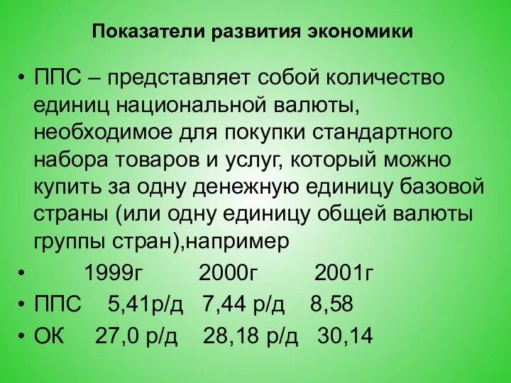 Показатели развития экономики ППС – представляет собой количество единиц национальной валюты,