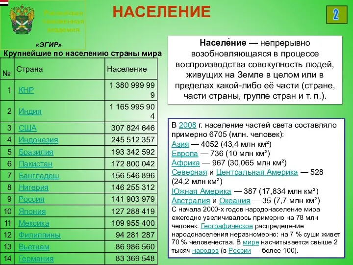 Российская таможенная академия «ЭГИР» 2 НАСЕЛЕНИЕ Населе́ние — непрерывно возобновляющаяся в