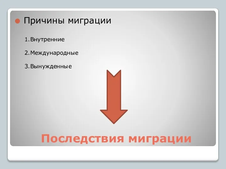 Последствия миграции Причины миграции 1.Внутренние 2.Международные 3.Вынужденные