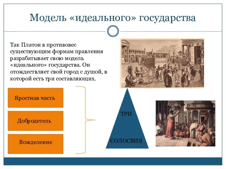 Модель «идеального» государства Так Платон в противовес существующим формам правления разрабатывает
