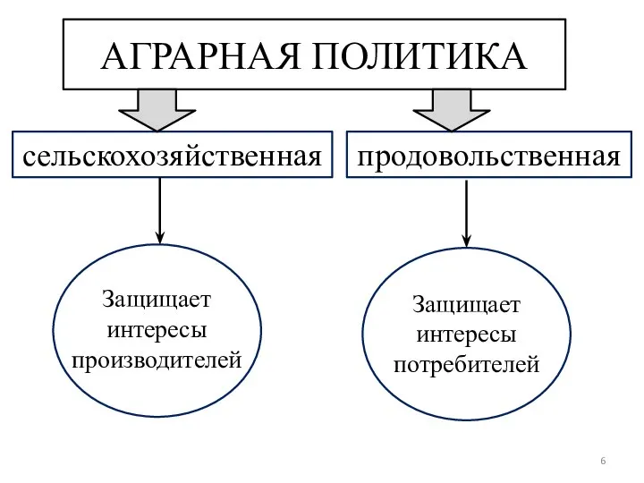 АГРАРНАЯ ПОЛИТИКА сельскохозяйственная продовольственная Защищает интересы производителей Защищает интересы потребителей