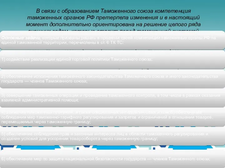 В связи с образованием Таможенного союза компетенция таможенных органов РФ претерпела