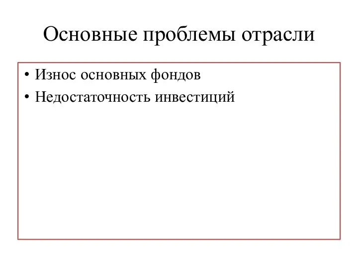 Основные проблемы отрасли Износ основных фондов Недостаточность инвестиций