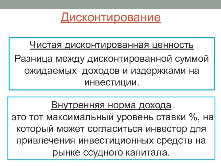 Дисконтирование Чистая дисконтированная ценность Разница между дисконтированной суммой ожидаемых доходов и