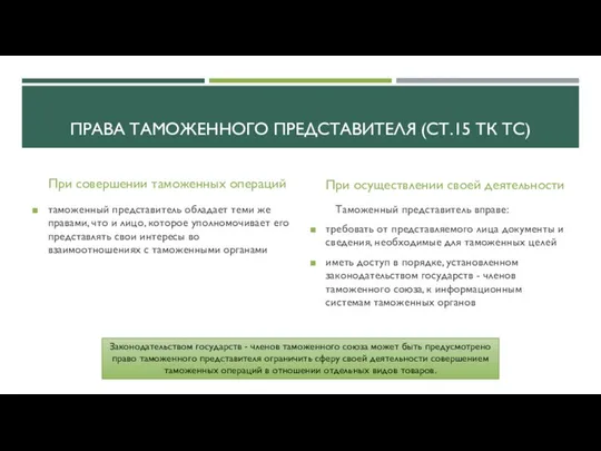 Права таможенного представителя (ст.15 ТК ТС) При совершении таможенных операций таможенный