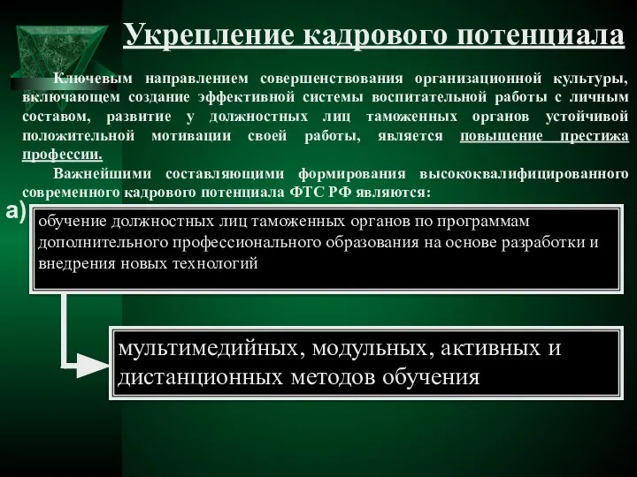 Укрепление кадрового потенциала Ключевым направлением совершенствования организационной культуры, включающем создание эффективной