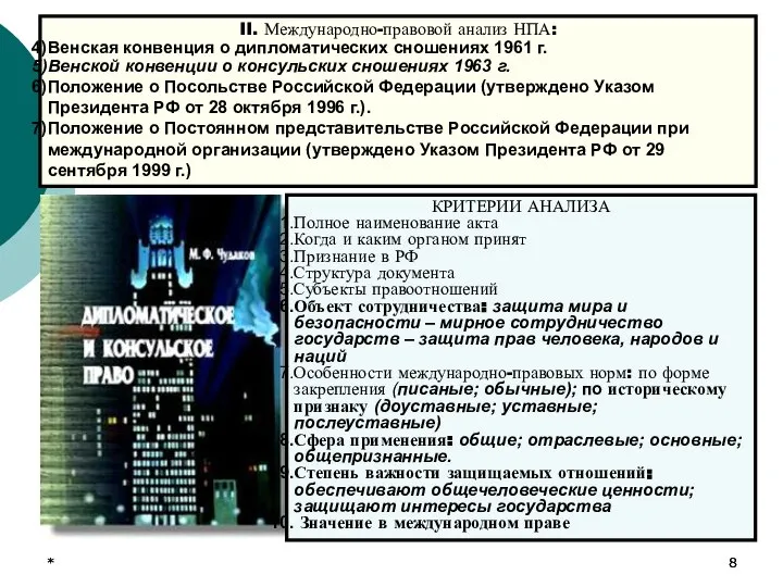 * * II. Международно-правовой анализ НПА: Венская конвенция о дипломатических сношениях