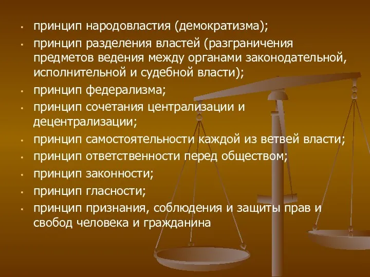 принцип народовластия (демократизма); принцип разделения властей (разграничения предметов ведения между органами