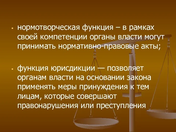 нормотворческая функция – в рамках своей компетенции органы власти могут принимать