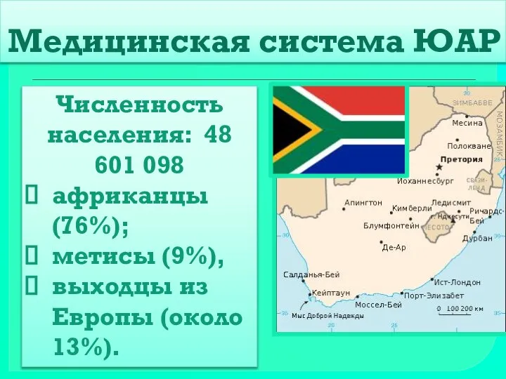 Медицинская система ЮАР Численность населения: 48 601 098 африканцы (76%); метисы