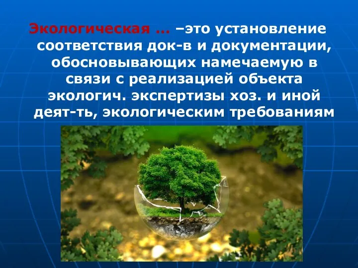 Экологическая ... –это установление соответствия док-в и документации, обосновывающих намечаемую в