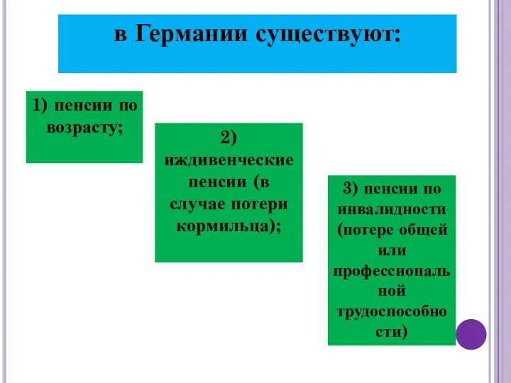 в Германии существуют: 1) пенсии по возрасту; 2) иждивенческие пенсии (в