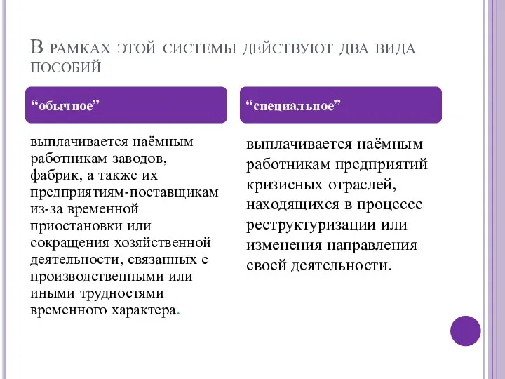 В рамках этой системы действуют два вида пособий выплачивается наёмным работникам