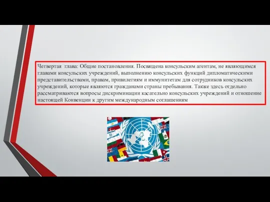 Четвертая глава: Общие постановления. Посвящена консульским агентам, не являющимся главами консульских