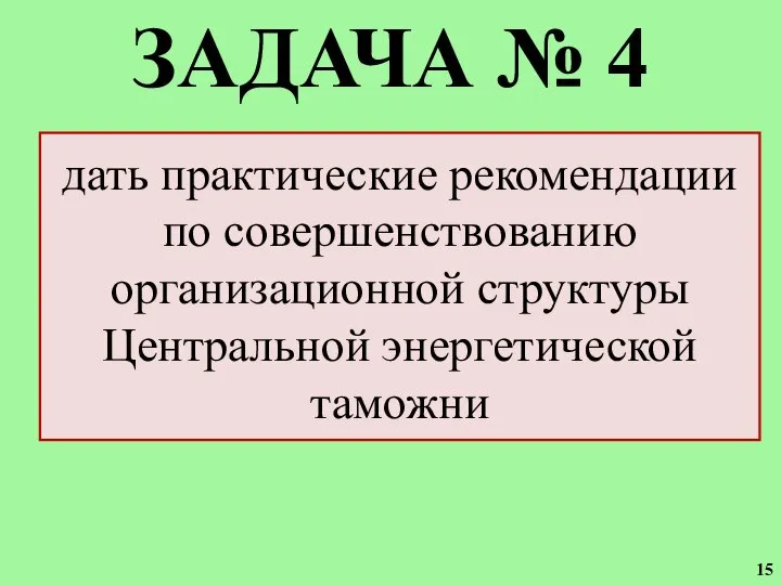 ЗАДАЧА № 4 дать практические рекомендации по совершенствованию организационной структуры Центральной энергетической таможни