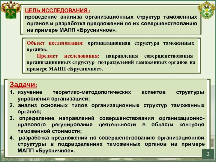 ЦЕЛЬ ИССЛЕДОВАНИЯ : проведение анализа организационных структур таможенных органов и разработка