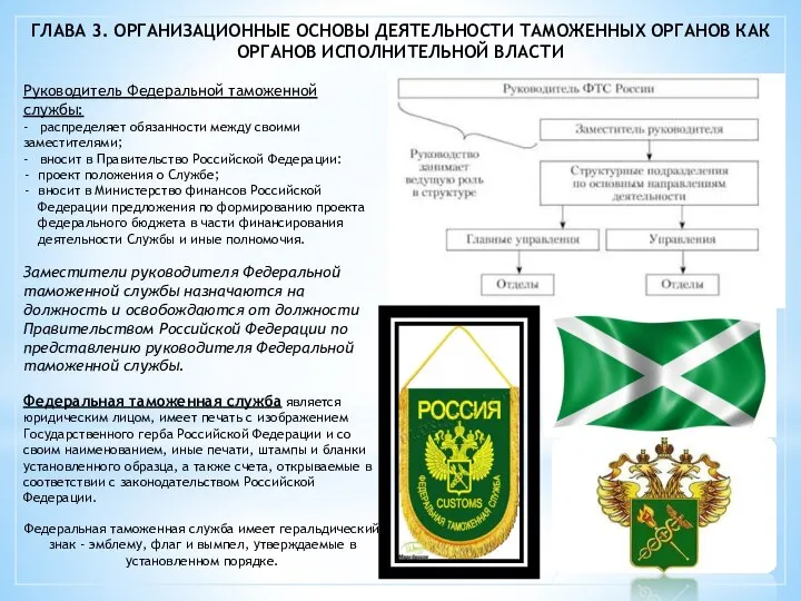 ГЛАВА 3. ОРГАНИЗАЦИОННЫЕ ОСНОВЫ ДЕЯТЕЛЬНОСТИ ТАМОЖЕННЫХ ОРГАНОВ КАК ОРГАНОВ ИСПОЛНИТЕЛЬНОЙ ВЛАСТИ