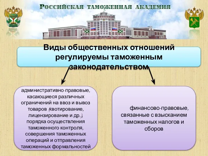 Виды общественных отношений регулируемы таможенным законодательством административно-правовые, касающиеся различных ограничений на