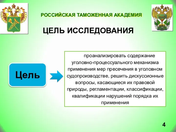 Российская таможенная академия Цель исследования Цель проанализировать содержание уголовно-процессуального механизма применения