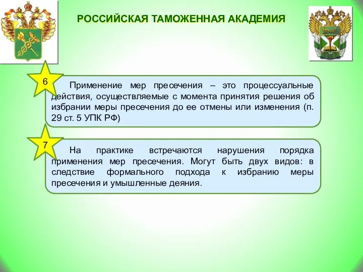 Российская таможенная академия Применение мер пресечения – это процессуальные действия, осуществляемые