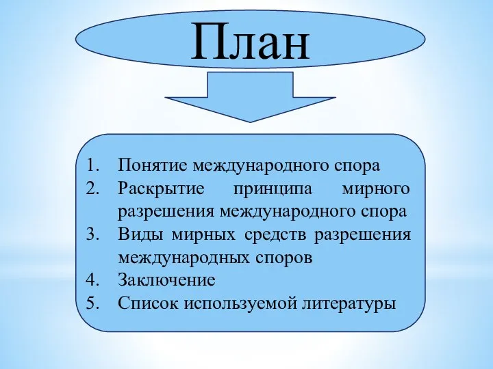 План Понятие международного спора Раскрытие принципа мирного разрешения международного спора Виды