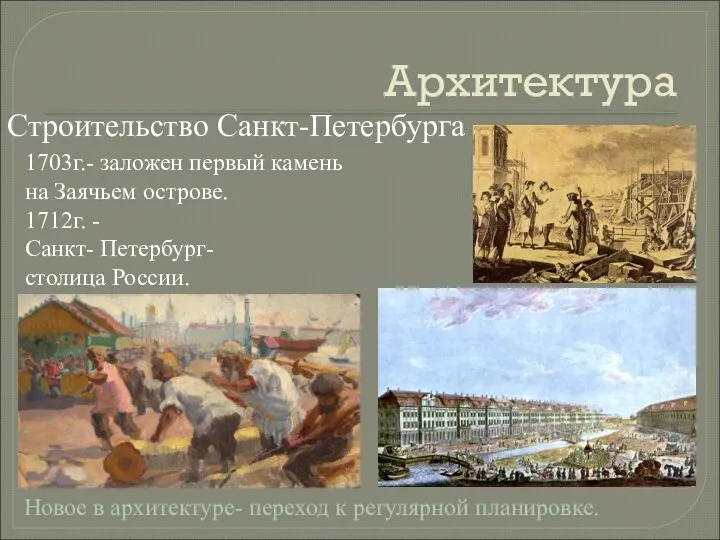 Архитектура Строительство Санкт-Петербурга 1703г.- заложен первый камень на Заячьем острове. 1712г.