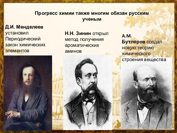 Прогресс химии также многим обязан русским ученым Д.И. Менделеев установил Периодический