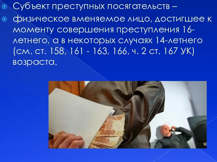 Субъект преступных посягательств – физическое вменяемое лицо, достигшее к моменту совершения