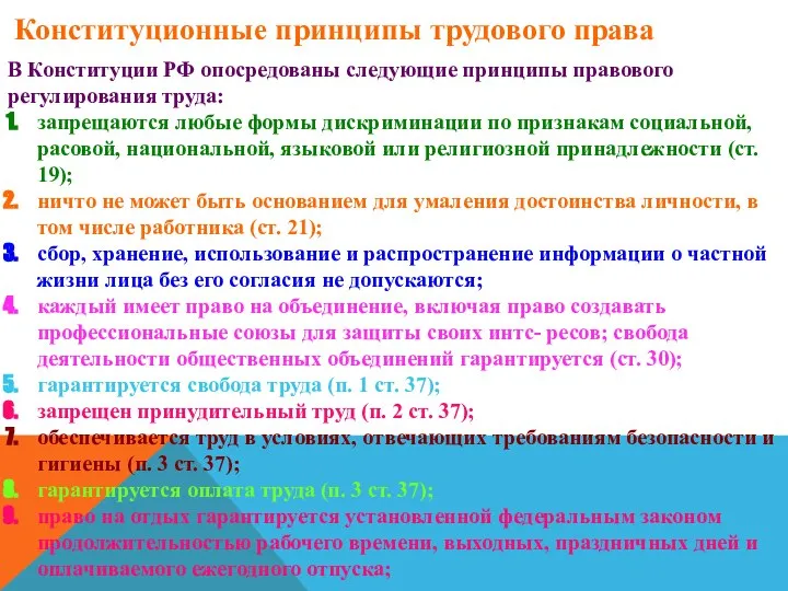 Конституционные принципы трудового права В Конституции РФ опосредованы следующие принципы правового