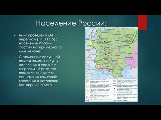 Население России: Было проведено две переписи (1710,1715) : население России составляло