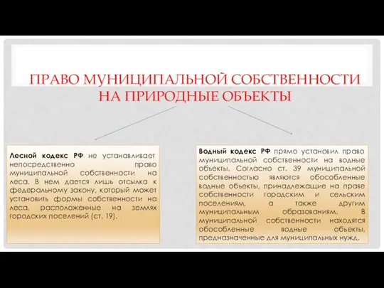 Право муниципальной собственности на природные объекты Водный кодекс РФ прямо установил