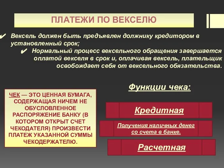 ПЛАТЕЖИ ПО ВЕКСЕЛЮ Вексель должен быть предъявлен должнику кредитором в установленный