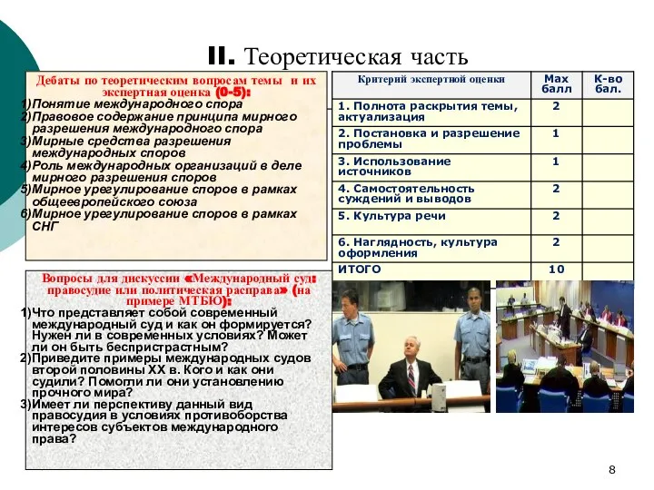 * Дебаты по теоретическим вопросам темы и их экспертная оценка (0-5):