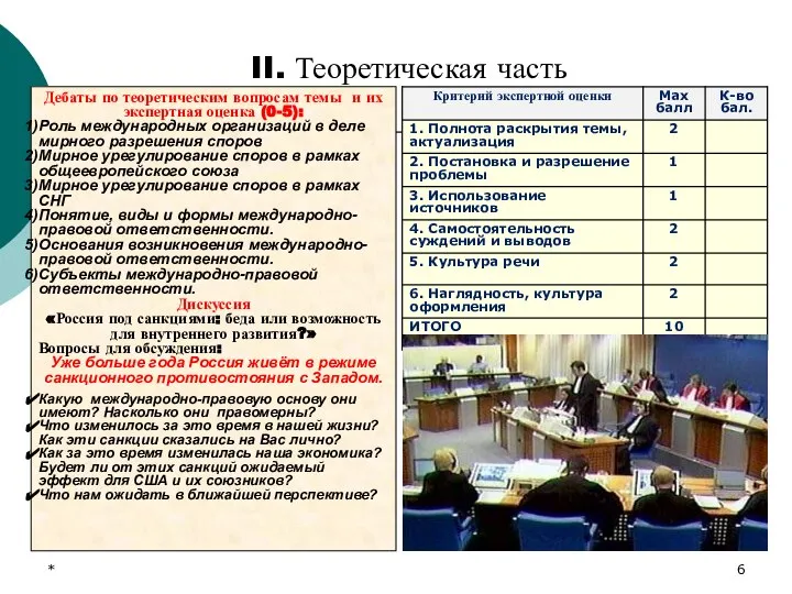 * Дебаты по теоретическим вопросам темы и их экспертная оценка (0-5):