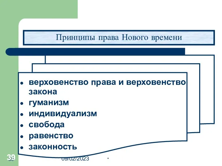 09/02/2023 Принципы права Нового времени * верховенство права и верховенство закона гуманизм индивидуализм свобода равенство законность