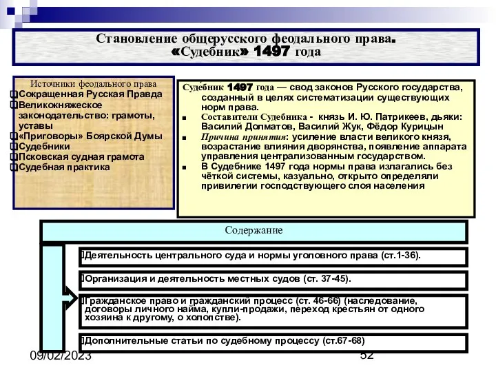 09/02/2023 Становление общерусского феодального права. «Судебник» 1497 года Источники феодального права