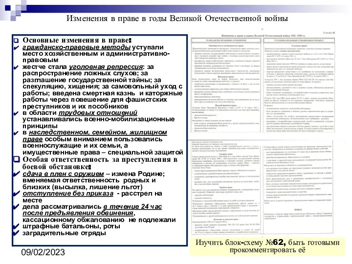 09/02/2023 Изменения в праве в годы Великой Отечественной войны Основные изменения