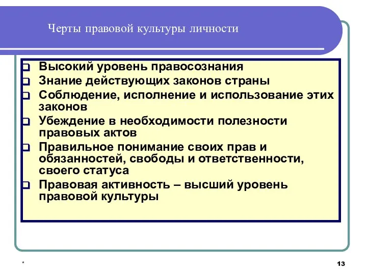 * Черты правовой культуры личности Высокий уровень правосознания Знание действующих законов