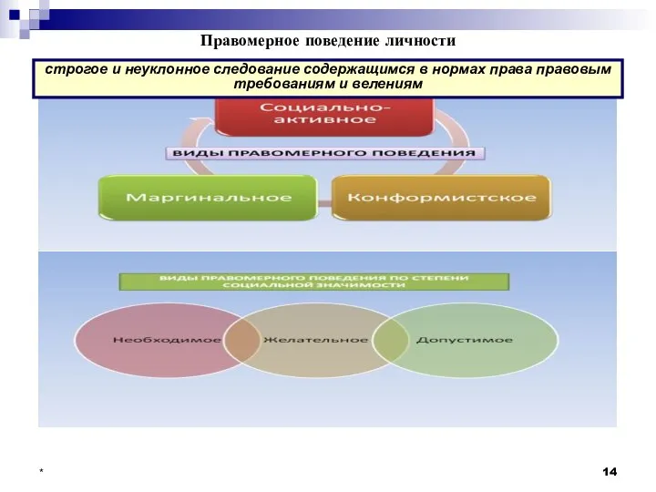 * Правомерное поведение личности строгое и неуклонное следование содержащимся в нормах права правовым требованиям и велениям