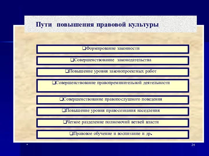 * Пути повышения правовой культуры Формирование законности Совершенствование законодательства Повышение уровня