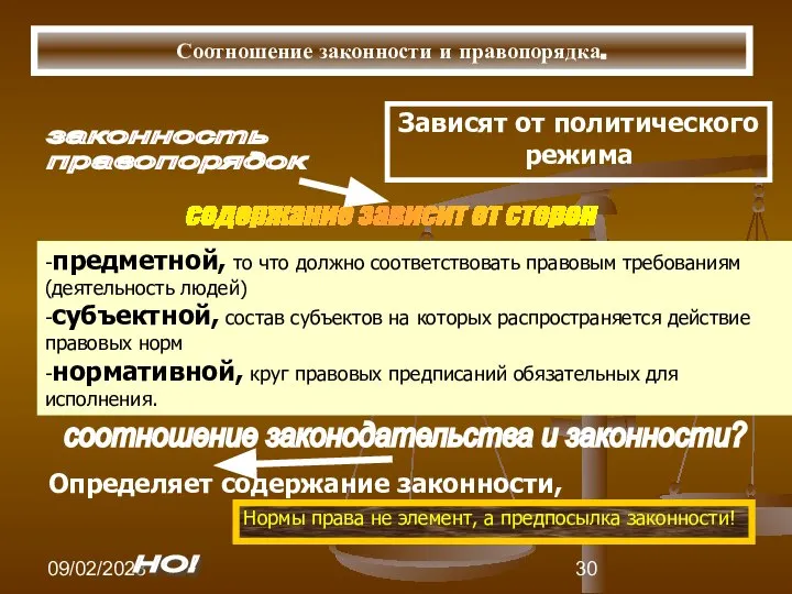 09/02/2023 Соотношение законности и правопорядка. законность правопорядок Зависят от политического режима