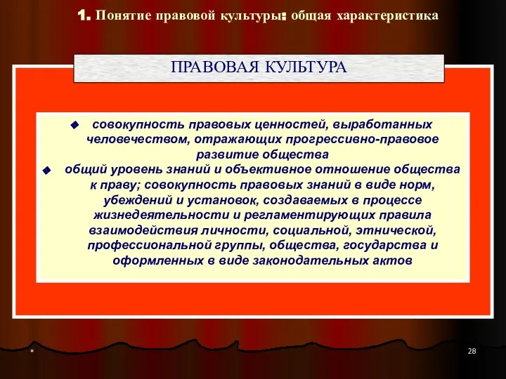 * ПРАВОВАЯ КУЛЬТУРА 1. Понятие правовой культуры: общая характеристика совокупность правовых