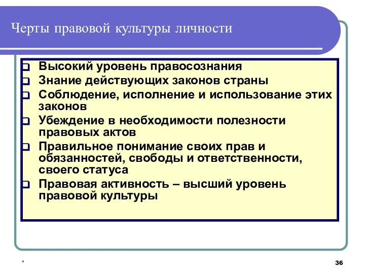 * Черты правовой культуры личности Высокий уровень правосознания Знание действующих законов